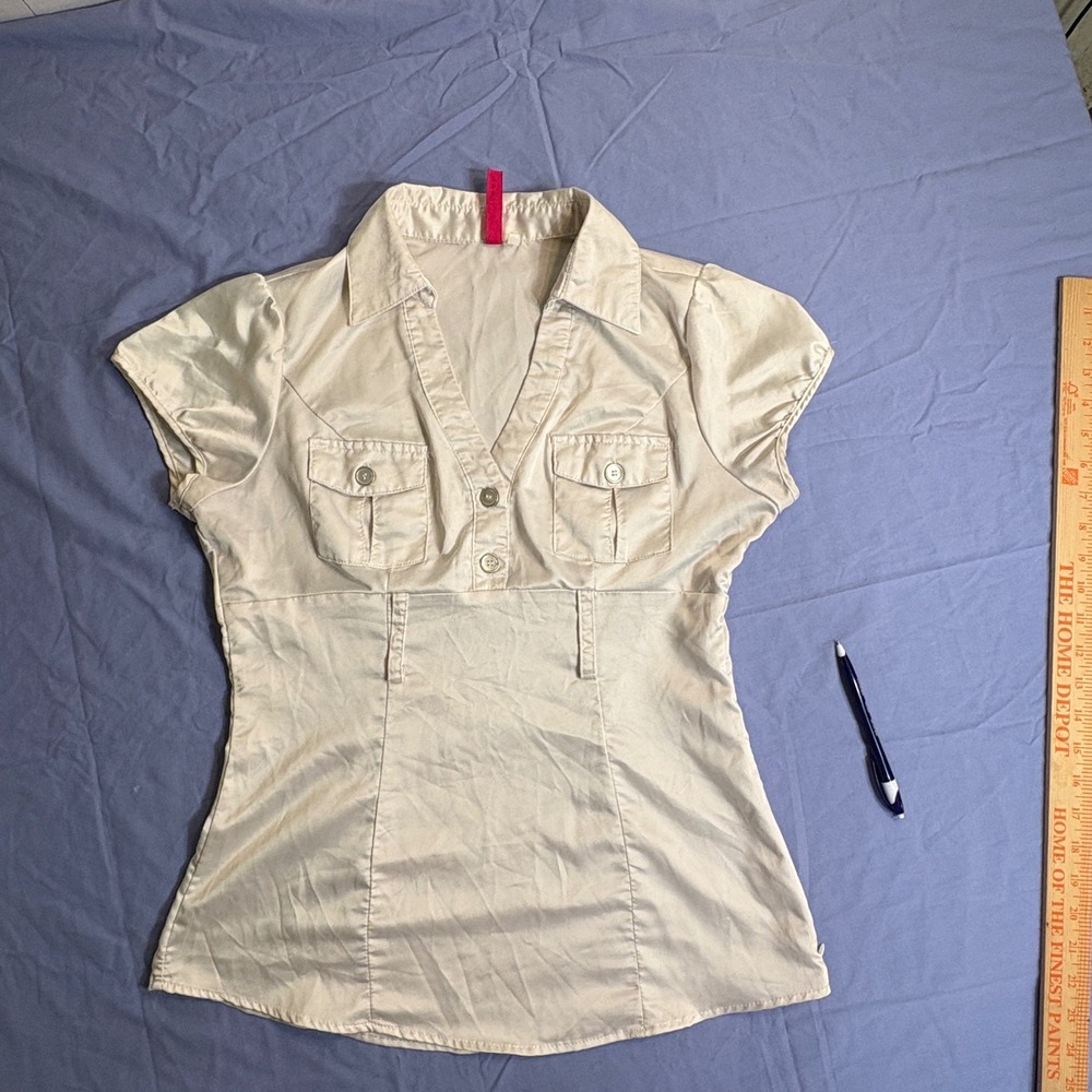 Heart Soul Women L Beige Utility Button Up Short Sleeve Shirt Safari Y2K Top